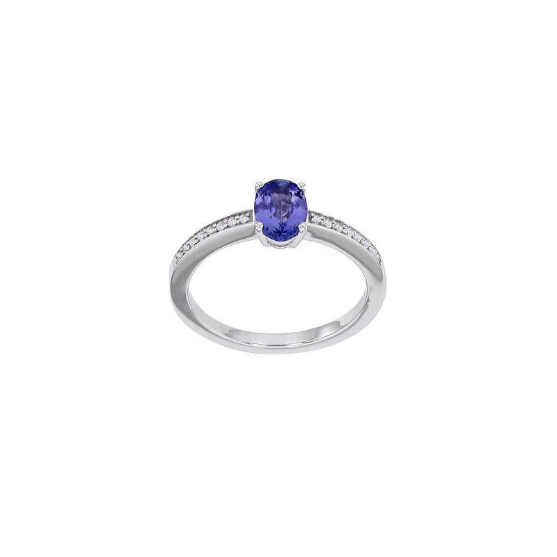 Bague solitaire Tanzanite taille ovale 7x5mm, épaulée de 16 diamants 0,10ct HSI, Or 750/1000
