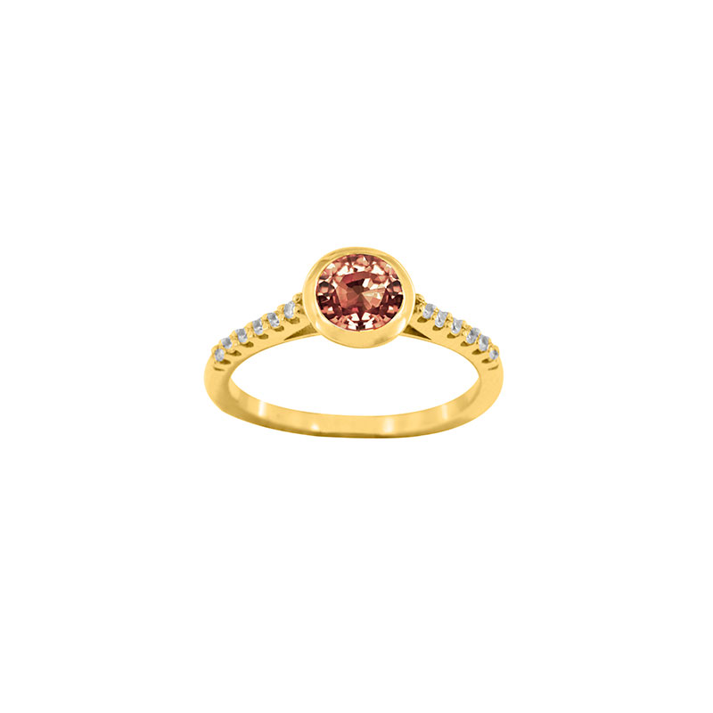Bague solitaire Topaze couleur pêche serti clos et oxydes de zirconium Or 750/1000