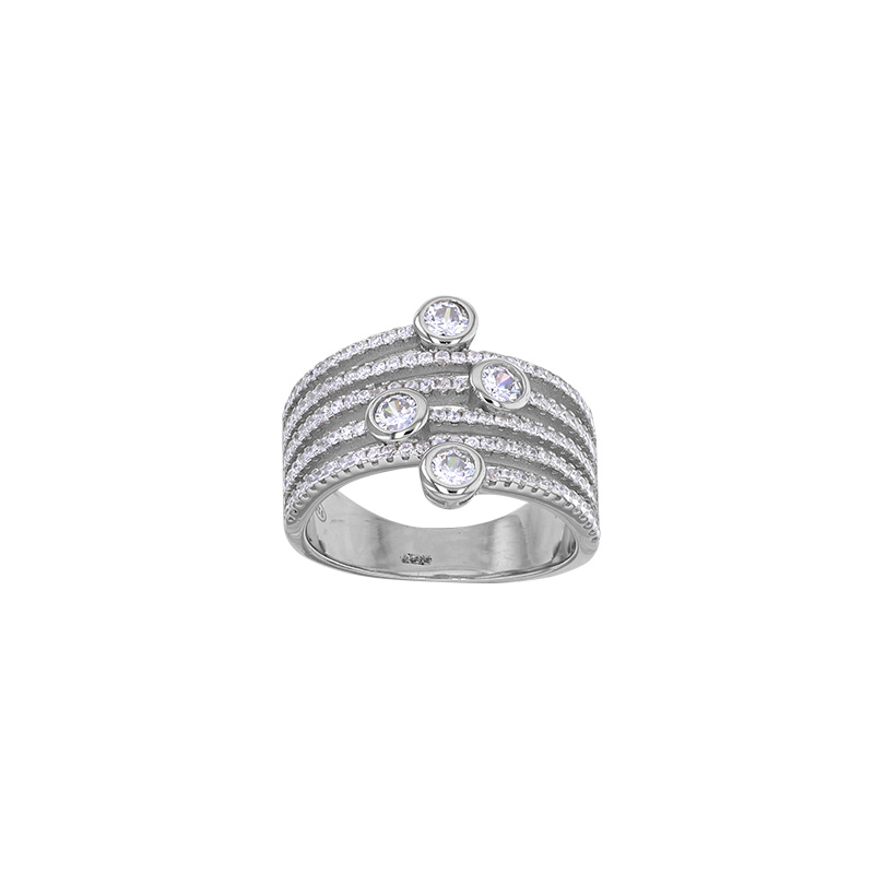 Bague spirale pavées d'oxydes sertis clos et sertis griffes, argent 925/1000 rhodié