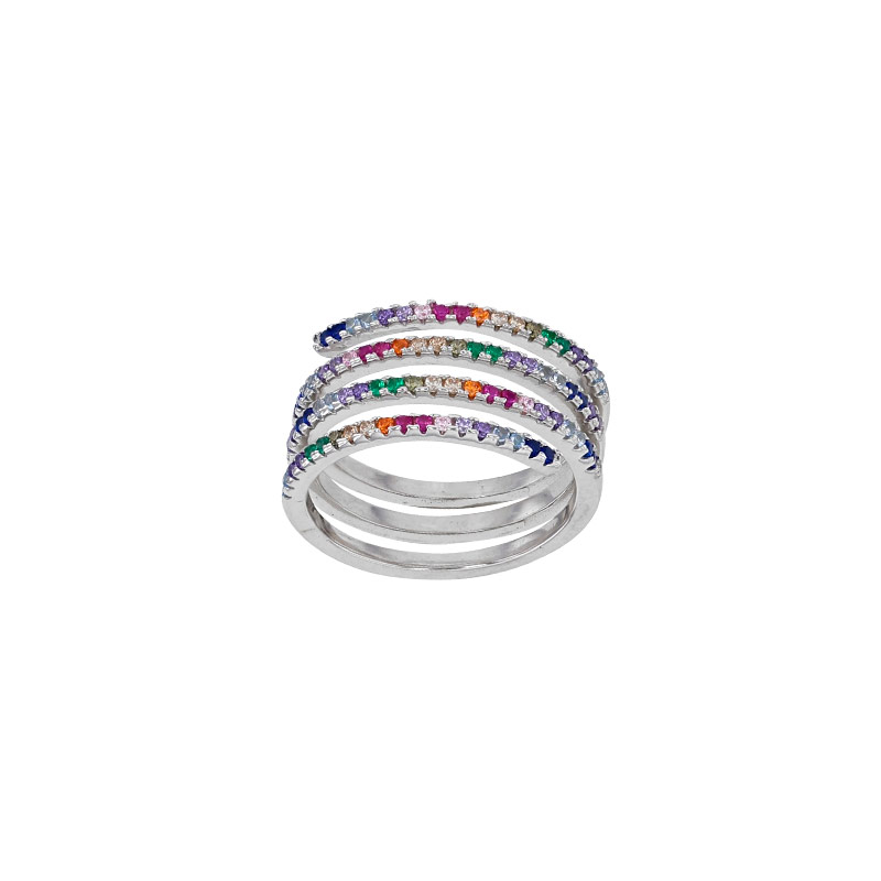 Bague spirale sertie d'oxydes de couleurs, argent 925/1000 rhodié