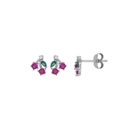 BO puces cerises, oxydes ronds et marquise, fuchsia, blanc et vert, argent 925/1000 rhodié