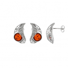 Boucle d'oreilles Ambre ronde et armature ajourée en argent 925/1000 rhodié