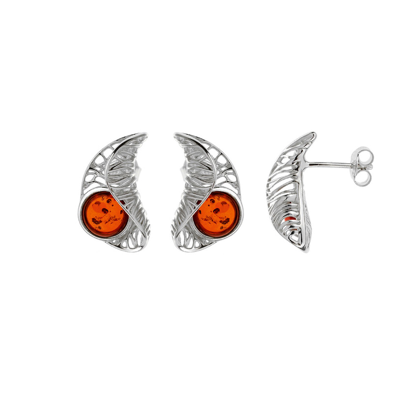 Boucle d'oreilles Ambre ronde et armature ajourée en argent 925/1000 rhodié