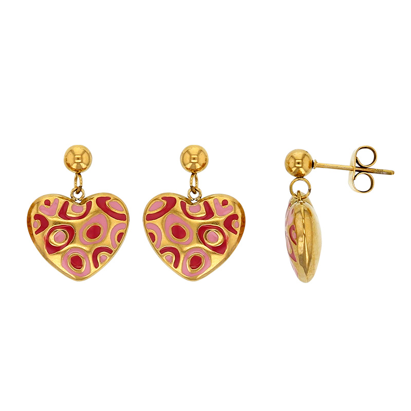 Boucle d'oreilles coeur en émail rose, acier doré