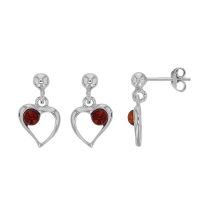 Boucle d'oreilles en forme de coeur argent 925/1000 rhodié, petits ronds ambre cognac