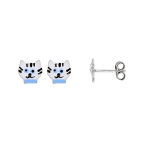 Boucle d'oreilles puces chat blanc en argent 925/1000 rhodié et émail
