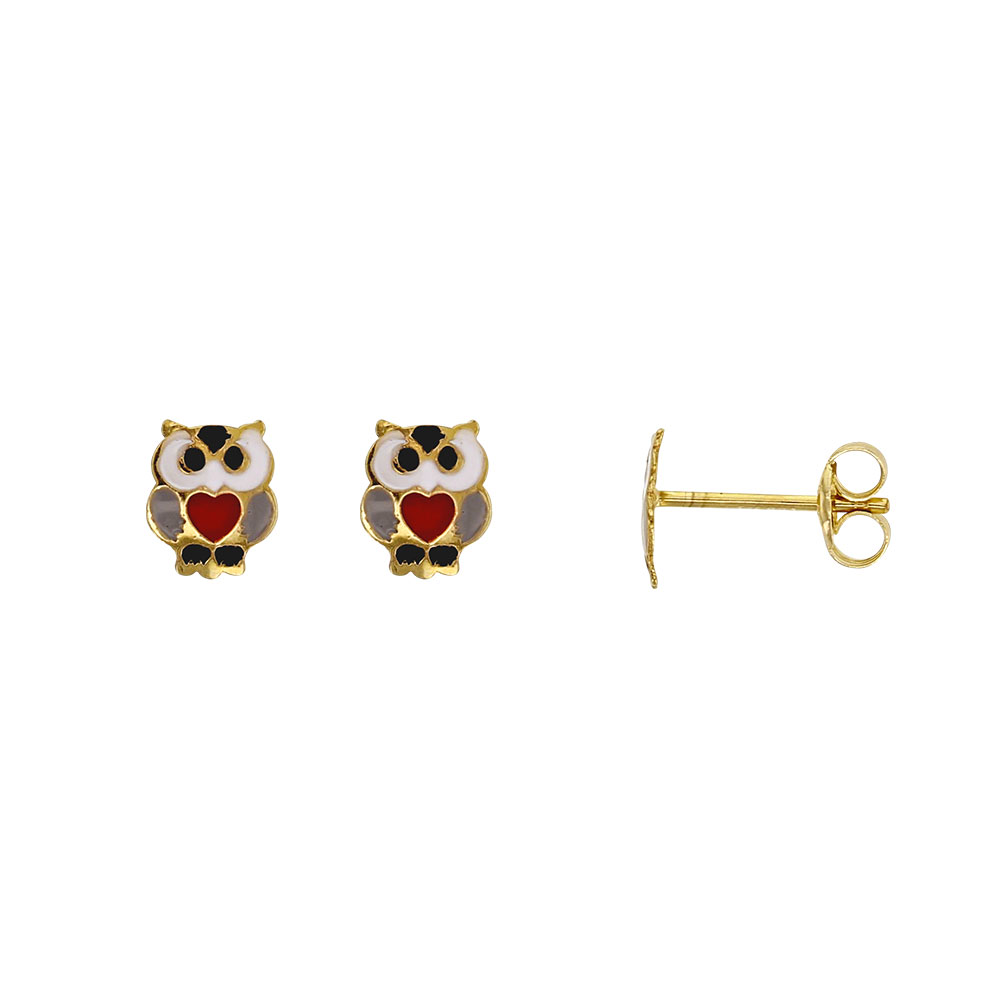 Boucles d'oreille enfant or 375/1000 avec émail - Hibou