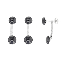 Boucles d'oreilles 2 boules céramique bleue embellies, oxydes de zirconium et Argent 925/1000 rhodié
