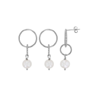 Boucles d'oreilles 2 cercles, 1 perle de culture d'eau douce, argent 925/1000 platiné