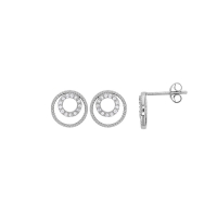 Boucles d'oreilles 2 cercles aspect strié et oxydes, argent 925/1000 platiné