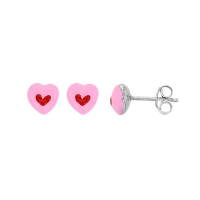 Boucles d'oreilles 2 coeurs émail rose rouge et argent 925/1000 rhodié