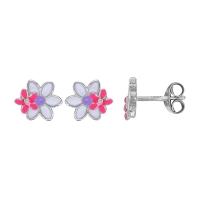 Boucles d'oreilles 2 fleurs émail rose violet, argent 925/1000 rhodié