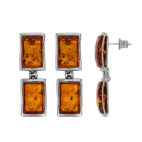 Boucles d'oreilles 2 rectangles ambre cognac en argent 925/1000 rhodié