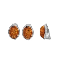 Boucles d'oreilles à clips forme ovale, ambre cognac argent 925/1000 rhodié