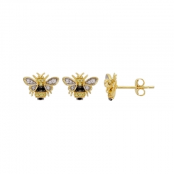 Boucles d'oreilles abeilles, oxydes blancs et jaunes, spinelles noirs, argent 925/1000 rhodié