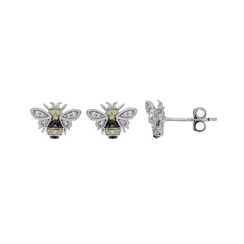 Boucles d'oreilles abeilles, oxydes blancs et jaunes, spinelles noirs, argent 925/1000 rhodié