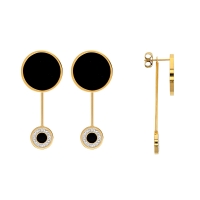 Boucles d'oreilles acier doré agrémentées de ronds en émail noir dont 1 orné de cristaux
