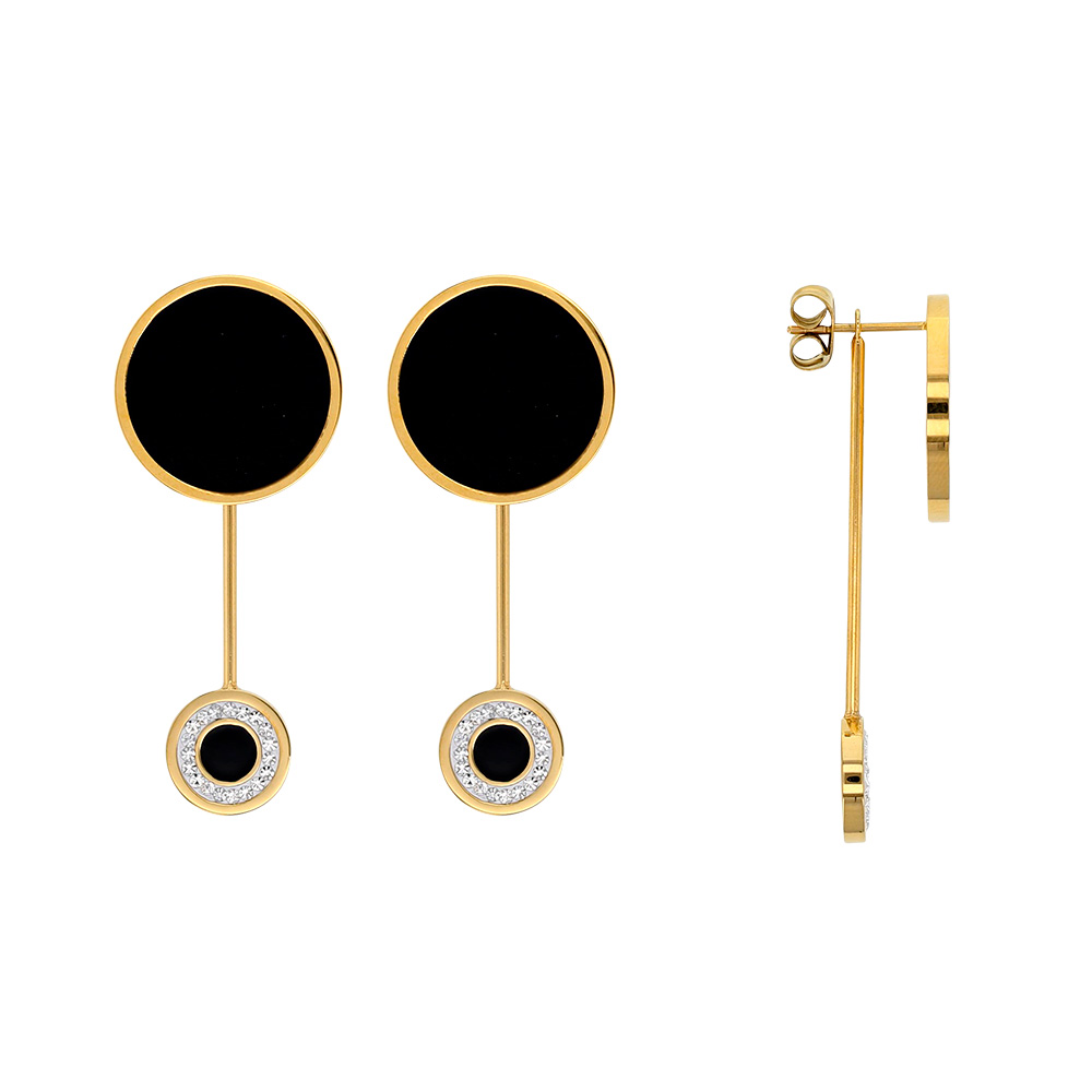 Boucles d'oreilles acier doré agrémentées de ronds en émail noir dont 1 orné de cristaux