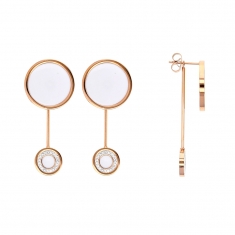 Boucles d'oreilles acier doré-rose agrémentées de ronds en émail blanc dont 1 orné de cristaux