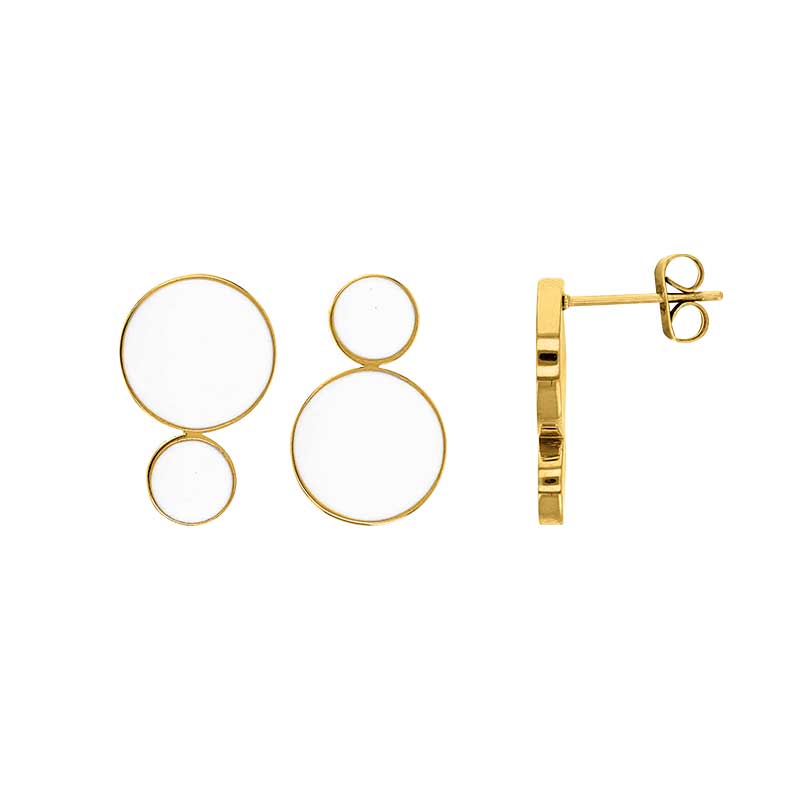 Boucles d'oreilles acier ronds émaillés blancs et noirs accolés