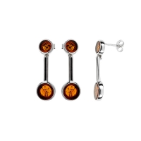 Boucles d'oreilles allongées avec pierres d'Ambre cognac et argent 925/1000 rhodié