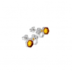 Boucles d'oreilles alvéoles en ambre miel et argent 925/1000 rhodié