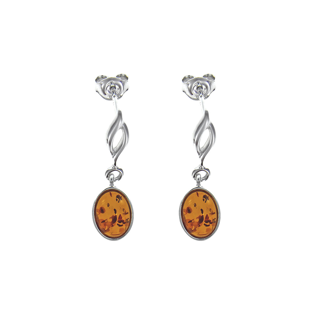 Boucles d'oreilles ambre cognac et armature argent 925/1000 rhodié