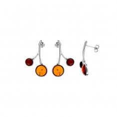 Boucles d'oreilles Ambre cognac et cerise, armature argent 925/1000 rhodié