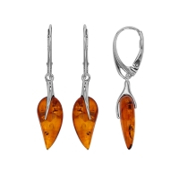 Boucles d'oreilles ambre cognac goutte pointue et argent 925/1000 rhodié