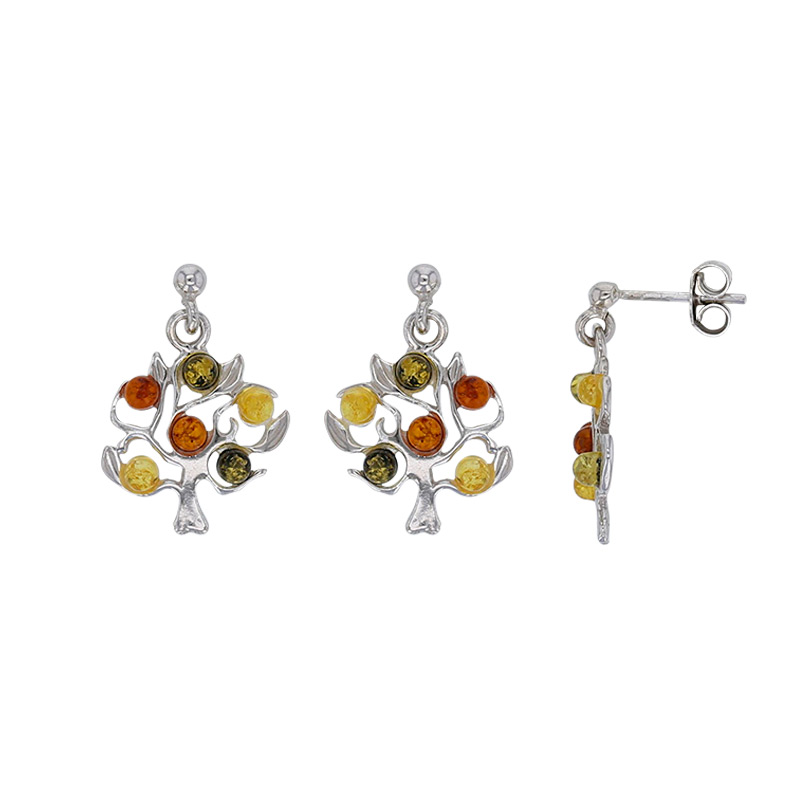Boucles d'oreilles arbre de vie en ambre cognac et miel, en argent 925/1000 rhodié