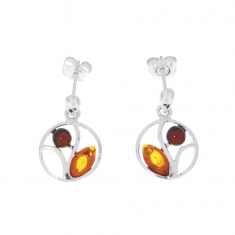 Boucles d'oreilles arbre de vie rond en ambre bicolore et argent 925/1000 rhodié