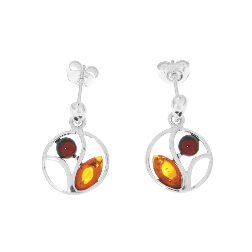 Boucles d'oreilles arbre de vie rond en ambre bicolore et argent 925/1000 rhodié
