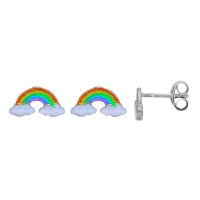 Boucles d'oreilles arc-en-ciel multicolore et nuage émaillé blanc en argent 925/1000 rhodié