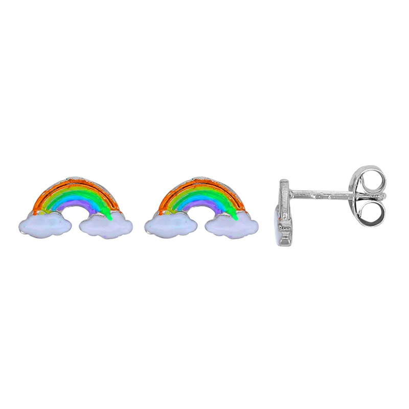 Boucles d'oreilles arc-en-ciel multicolore et nuage émaillé blanc en argent 925/1000 rhodié
