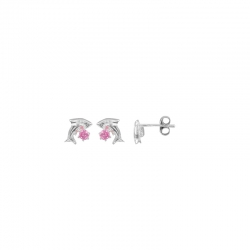 Boucles d'oreilles argent 925/1000 rhodié dauphin avec oxyde rose