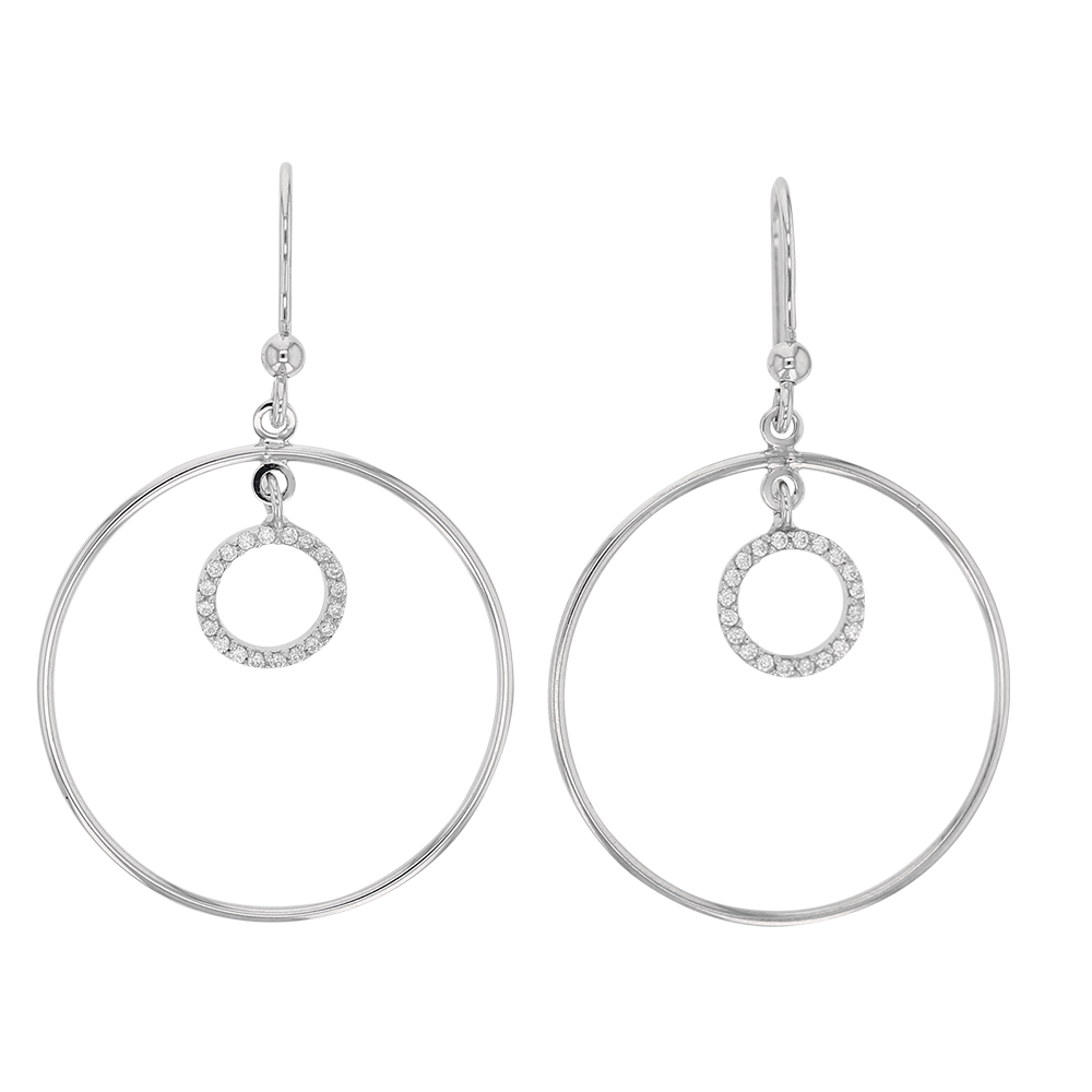 Boucles d'oreilles argent rhodié 925/1000 avec cercle lisse et cercle avec oxydes de zirconium