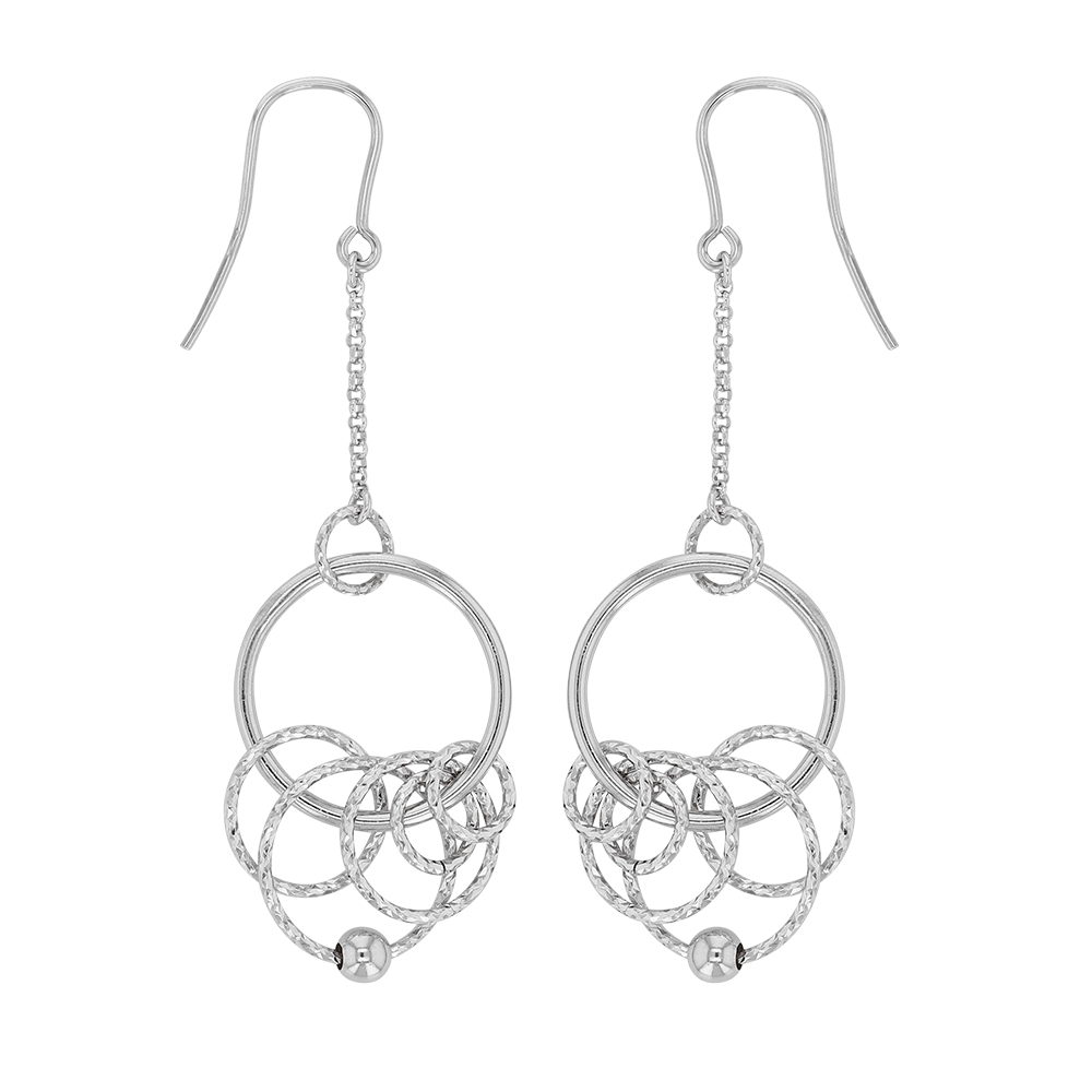 Boucles d'oreilles argent rhodié 925/1000 avec cercle lisse et cercles diamantés et 1 boule
