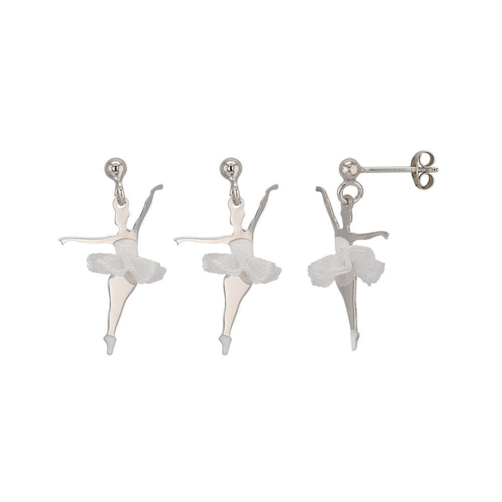 Boucles d'oreilles argent 925/1000 rhodié danseuse équilibre ornée d'un tutu en tissu blanc