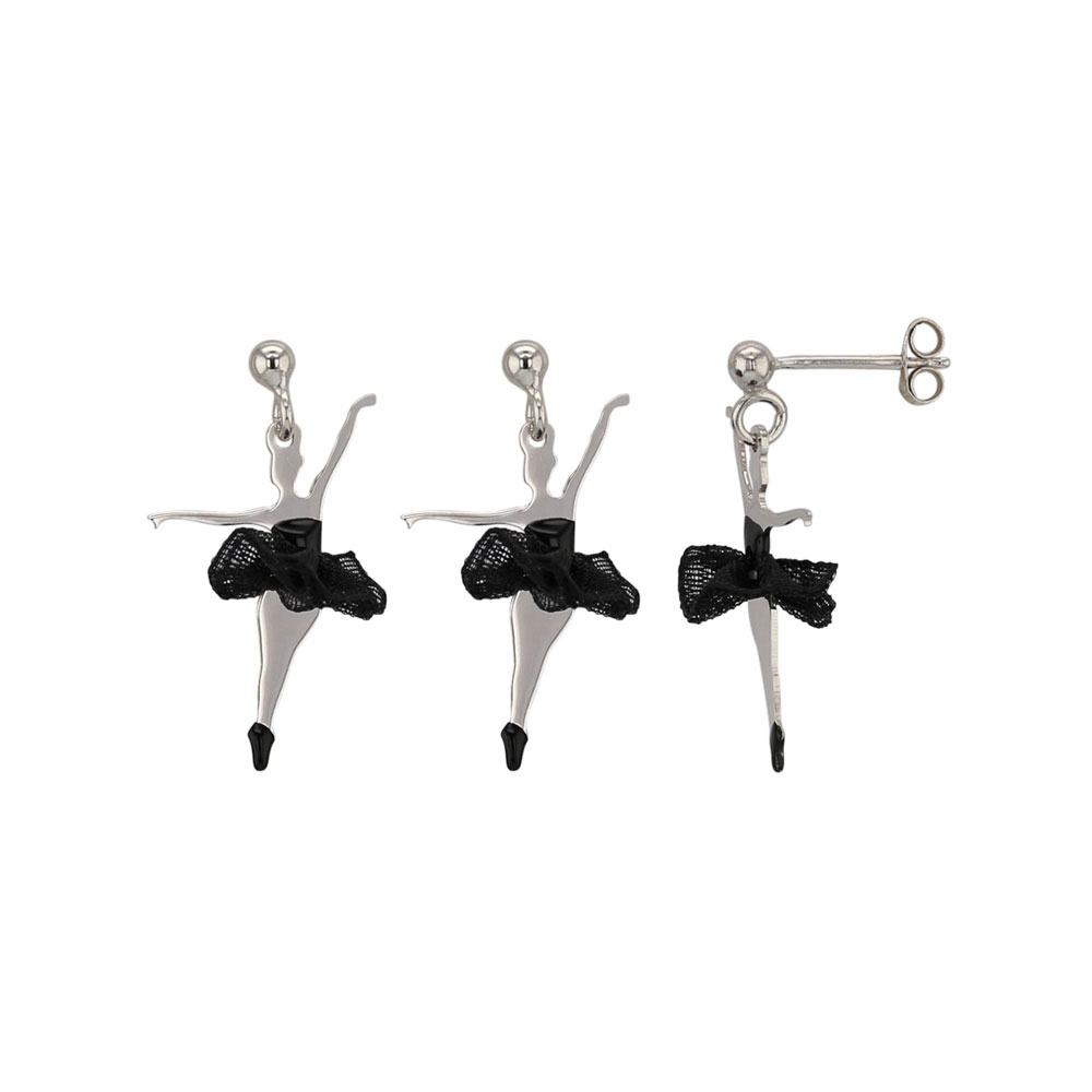 Boucles d'oreilles argent 925/1000 rhodié danseuse équilibre ornée d'un tutu en tissu noir