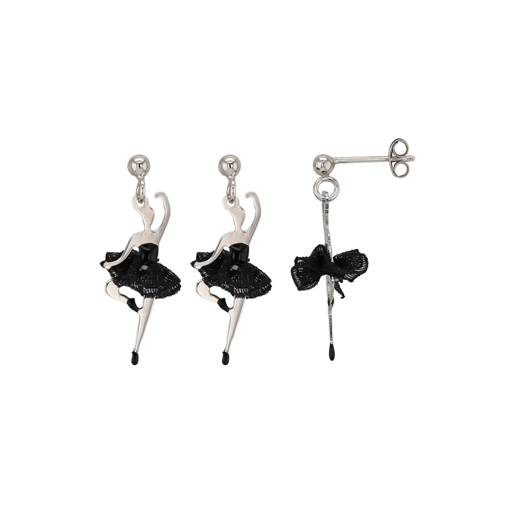 Boucles d'oreilles argent 925/1000 rhodié danseuse ornée d'un tutu en tissu noir