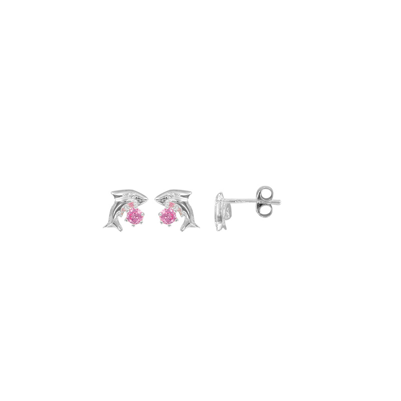 Boucles d'oreilles argent 925/1000 rhodié dauphin avec oxyde rose