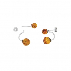 Boucles d'oreilles avec 2 boules en ambre couleur cognac, argent 925/1000 rhodié