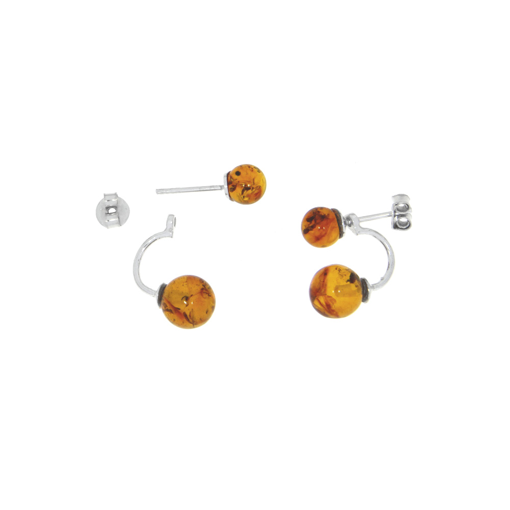 Boucles d'oreilles avec 2 boules en ambre couleur cognac, argent 925/1000 rhodié