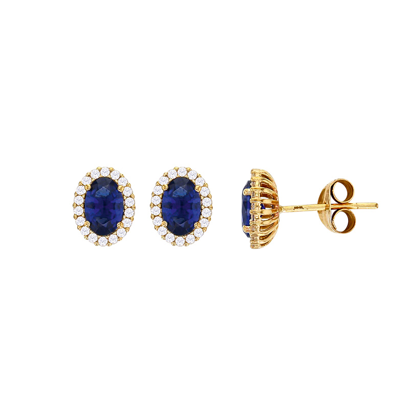 Boucles d'oreilles avec oxyde ovale vert entouré d'oxydes blancs, Or 375/1000