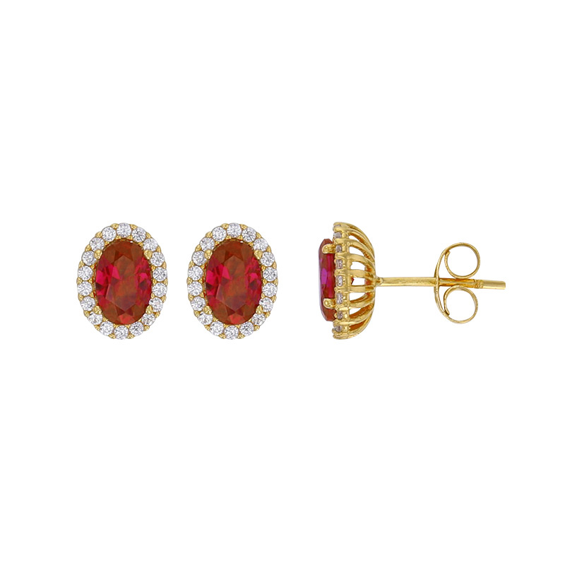 Boucles d'oreilles avec oxyde ovale vert entouré d'oxydes blancs, Or 375/1000
