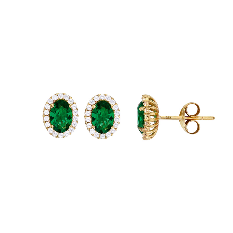 Boucles d'oreilles avec oxyde ovale vert entouré d'oxydes blancs, Or 375/1000