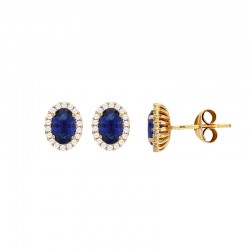 Boucles d'oreilles avec oxyde ovale vert entouré d'oxydes blancs, Or 375/1000