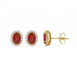 Boucles d'oreilles avec oxyde ovale vert entouré d'oxydes blancs, Or 375/1000