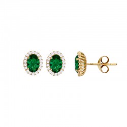 Boucles d'oreilles avec oxyde ovale vert entouré d'oxydes blancs, Or 375/1000
