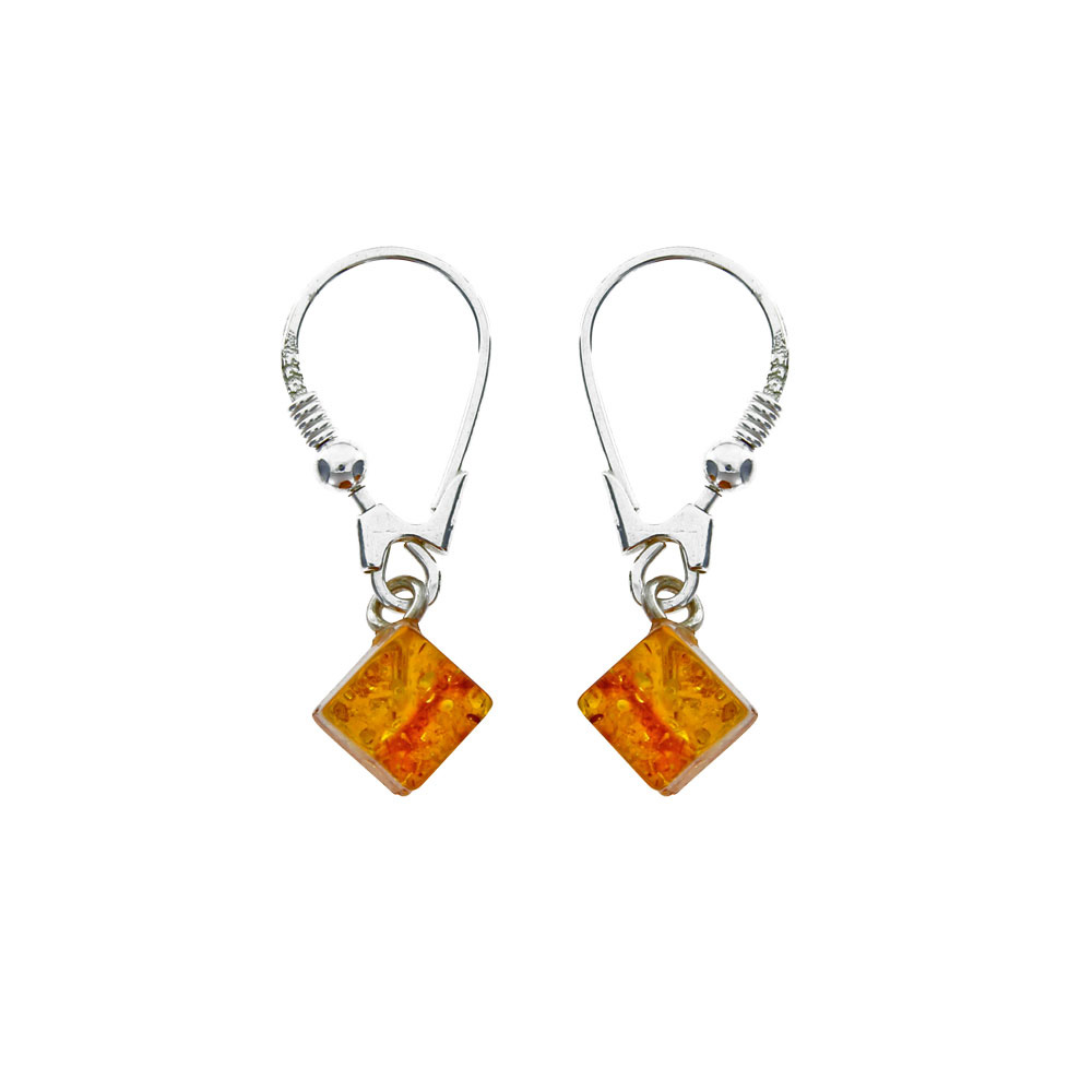 Boucles d'oreilles brisures argent 925/1000 ornées d'une pierre carrée Ambre cognac